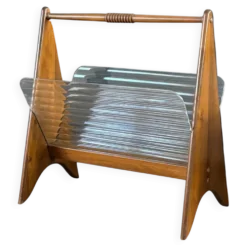 Porte-revues en verre cannelé et bois - années 50