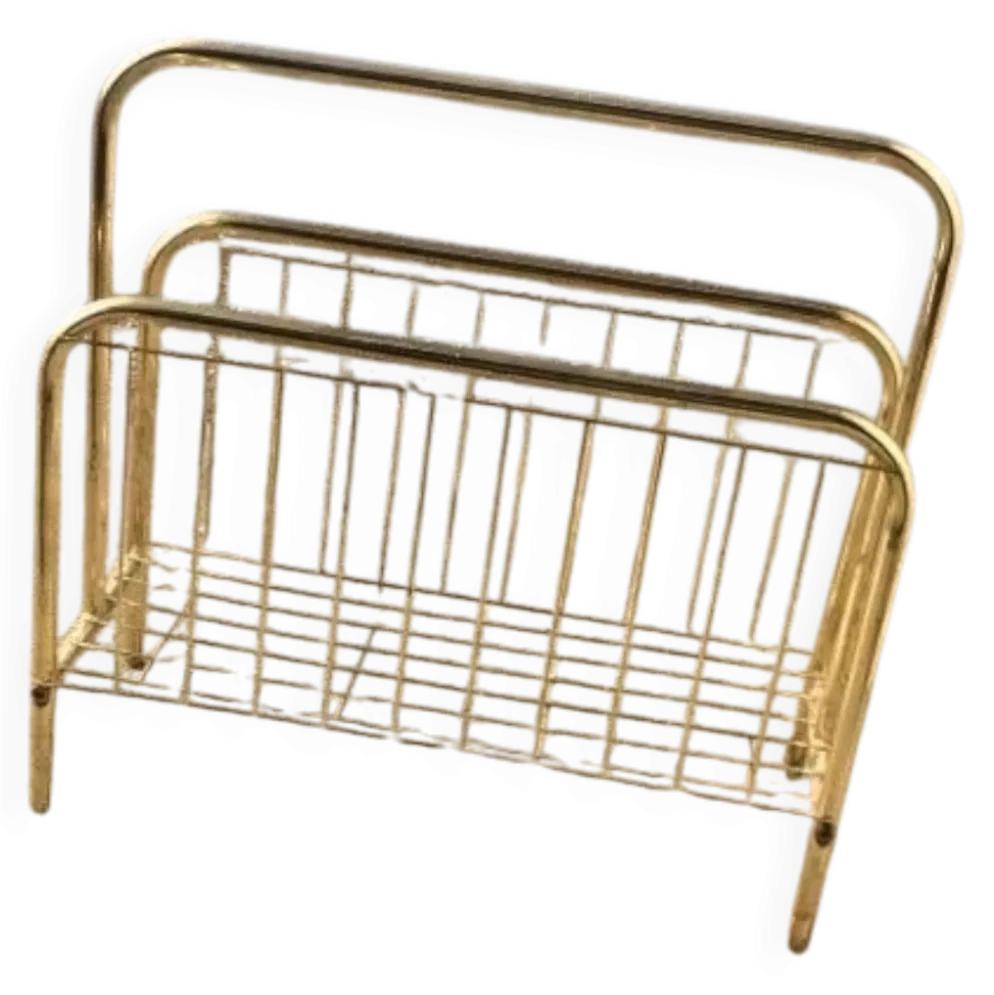 Porte-revues mid-century en laiton doré et bois, vintage années 70, Hongrie