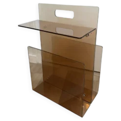 Porte-revues, table d’appoint vintage en plexiglas fumé Michel Dumas