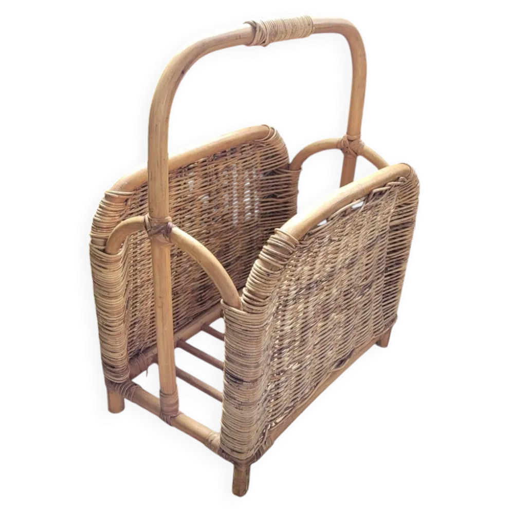 Porte-revues vintage en bambou et rotin