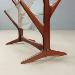 Porte-revues vintage en hêtre, verre et laiton, design Italie années 1950