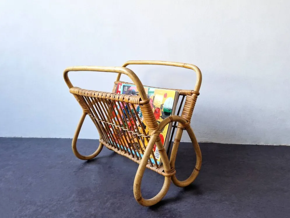 Porte-revues vintage en rotin, Pays-Bas 1960