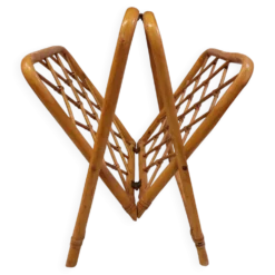 Porte-revue vintage pliable en bambou et rotin - Années 70