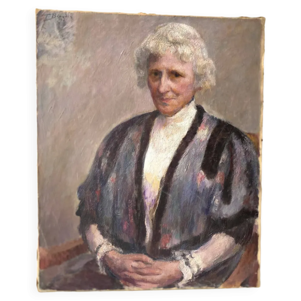 Portrait ancien signé Fernand Blondin daté 1932, huile sur toile vintage d'une femme