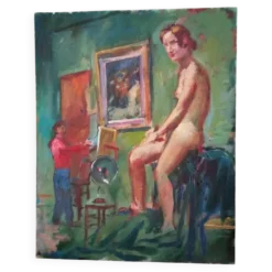 Portrait d'artiste à l'huile antique et modèle nu dans un atelier, XXe siècle