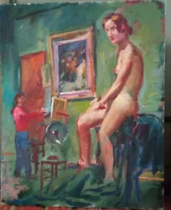 Portrait d'artiste à l'huile antique et modèle nu dans un atelier, XXe siècle