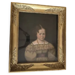 Portrait de petite fille, huile sur toile ancienne — XIXe siècle