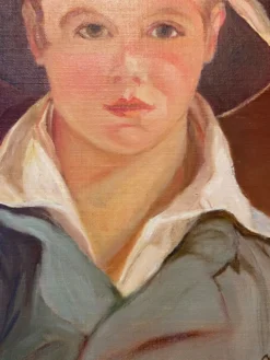 Portrait du garçon au chapeau de paille années 70/80, signé
