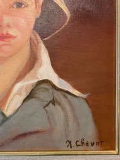 Portrait du garçon au chapeau de paille années 70/80, signé