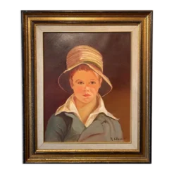 Portrait du garçon au chapeau de paille années 70/80, signé