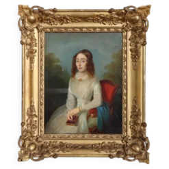 Portrait d'une jeune femme avec un livre, huile sur toile, Italie, 19e siècle