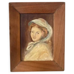 Portrait à l'huile ancien sur bois jeune femme