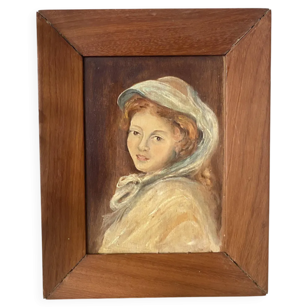 Portrait à l'huile ancien sur bois jeune femme