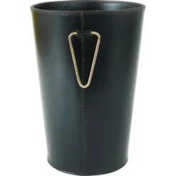 Poubelle à papier Mid-Century Carl Auböck en cuir noir et laiton, Autriche, années 1950