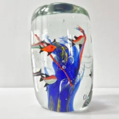 Presse-papier sulfure aquarium vintage 1980 en verre de murano signe rene 8