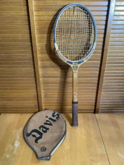 Raquette Tennis Ancienne DAVIS Duke Bois + Housse Cuir Vintage #E218
