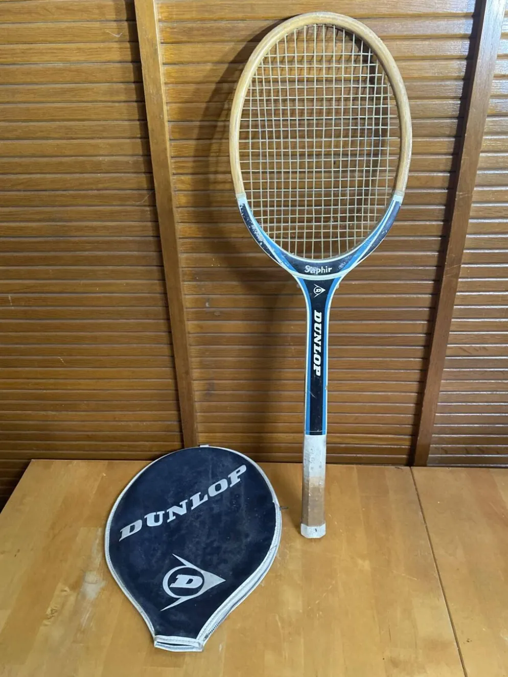 Raquette tennis ancienne dunlop saphir bois + housse dunlop vintage #e