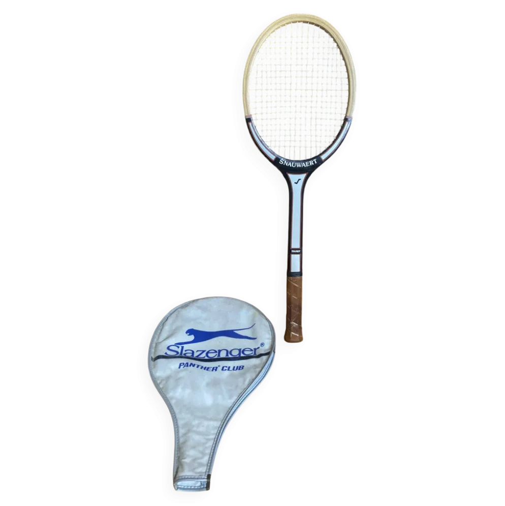 Raquette tennis ancienne snauwaert trainer bois + housse slazenger vin