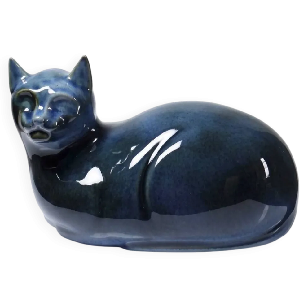 Rare grand chat bleu vintage en porcelaine d'Art de Virebent, années 1970-1990