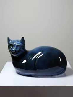 Rare grand chat bleu vintage en porcelaine d'Art de Virebent, années 1970-1990
