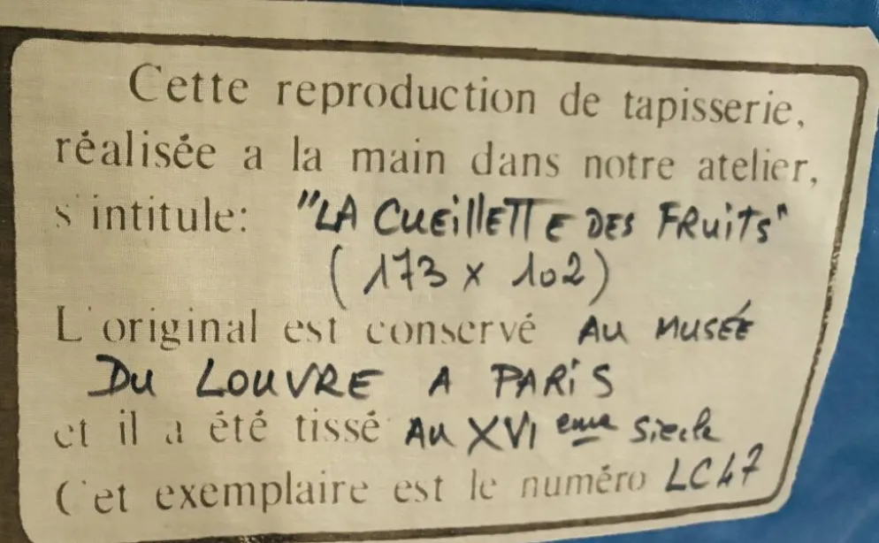 Reproduction de la tapisserie murale tissée à la main "Récolte de fruits 16e siècle. Musée du Louvre"