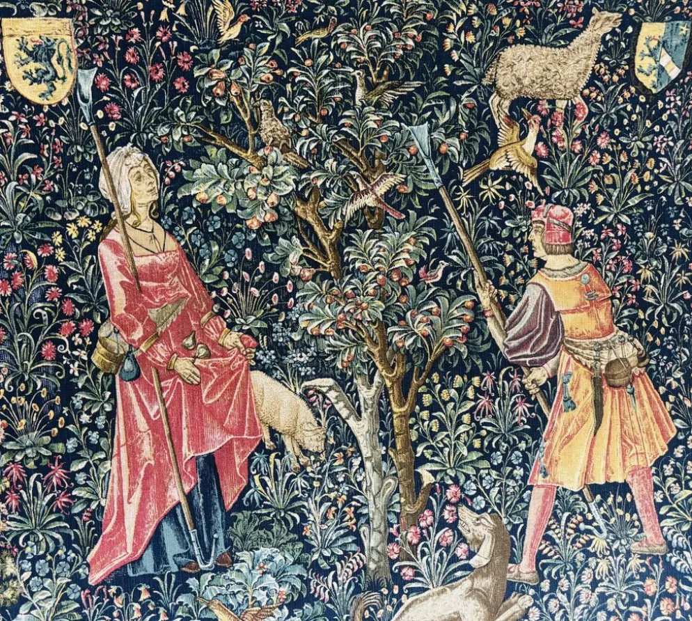 Reproduction de la tapisserie murale tissée à la main "Récolte de fruits 16e siècle. Musée du Louvre"