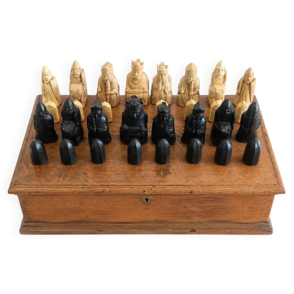 Réplique du jeu d'échecs Isle of Lewis de style musée avec boîte en bois faite à la main