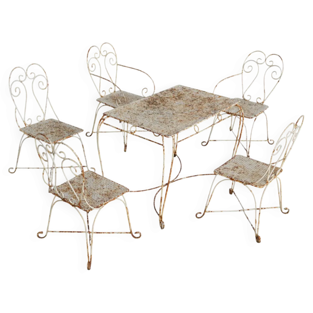 Salon de jardin en fer forgé avec table et cinq chaises, French mid 20th Century, 1950s