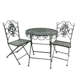 Salon de Jardin en fer forgé pliable vert patiné 1 table + 2 Chaises