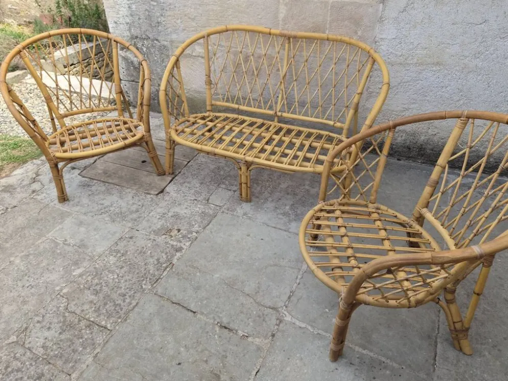Salon de jardin Vintage en bambou et rotin - Années 60/70