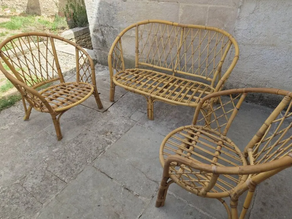 Salon de jardin Vintage en bambou et rotin - Années 60/70