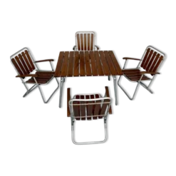 Salon de jardin vintage pliant, table et 4 fauteuils en bois et métal, 1960