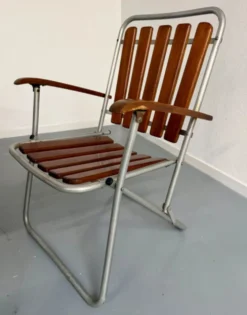 Salon de jardin vintage pliant, table et 4 fauteuils en bois et métal, 1960