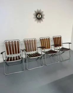 Salon de jardin vintage pliant, table et 4 fauteuils bois et métal, 1960