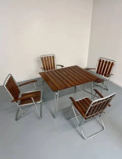 Salon de jardin vintage pliant, table et 4 fauteuils bois et métal, 1960