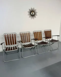 Salon de jardin vintage pliant, table et 4 fauteuils bois et métal, 1960