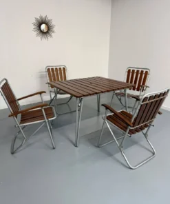 Salon de jardin vintage pliant table 4 fauteuils bois et métal 1960