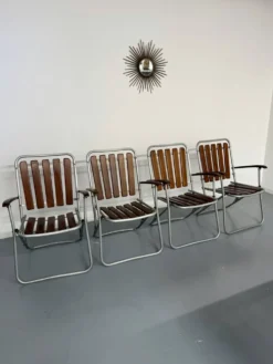 Salon de jardin vintage pliant table 4 fauteuils bois et métal 1960