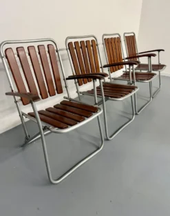 Salon de jardin vintage pliant table 4 fauteuils bois et métal 1960
