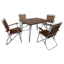 Salon de jardin vintage pliant table 4 fauteuils bois et métal 1960