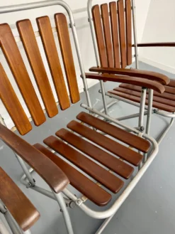 Salon de jardin vintage pliant table 4 fauteuils bois et métal 1960