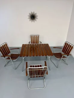 Salon de jardin vintage pliant table 4 fauteuils bois et métal 1960