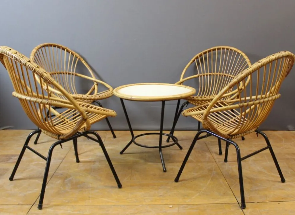 Salon en rotin et fer laqué noir par Rohe Noordwole vers 1950