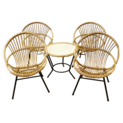 Salon en rotin et fer laqué noir par Rohe Noordwole vers 1950