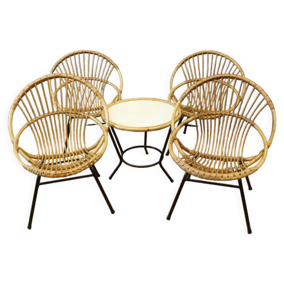 Salon en rotin et fer laqué noir par Rohe Noordwole vers 1950