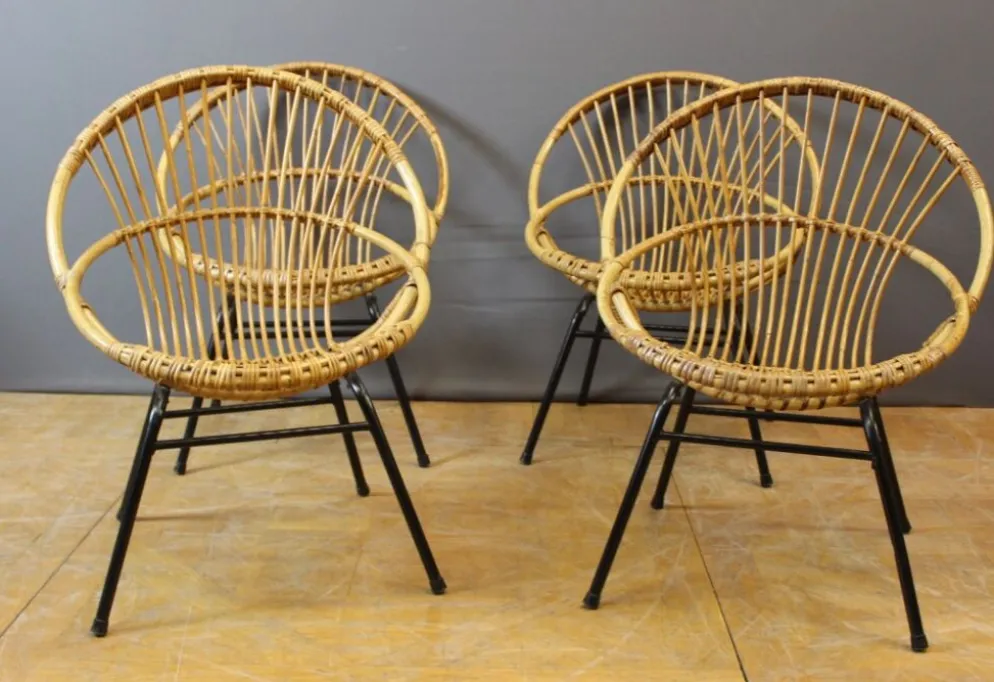 Salon en rotin et fer laqué noir par Rohe Noordwole vers 1950