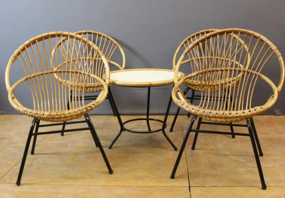Salon en rotin et fer laqué noir par Rohe Noordwole vers 1950