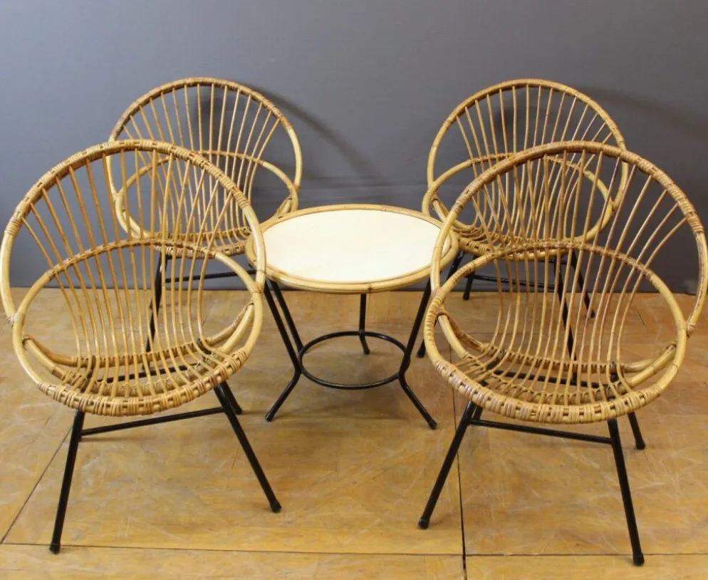 Salon en rotin et fer laqué noir par Rohe Noordwole vers 1950