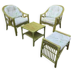 Salon en rotin haut de gamme – 2 fauteuils, pouf & table basse