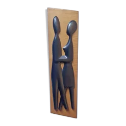 Sculpture murale en bois des années 1970, amoureux du milieu du siècle